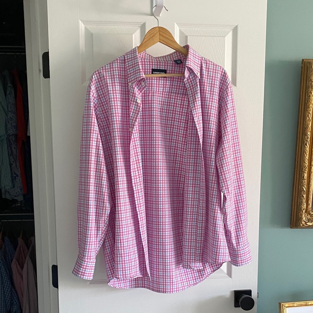 Lands' End | Men's Long Sleeve Travel Kit Shirt | Pink & white check